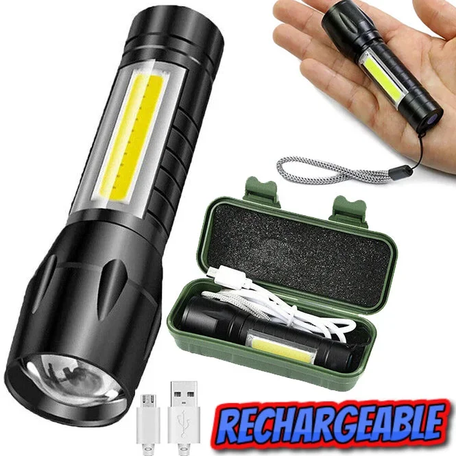 Pocket High Powered Torch Rechargeable Military Grade with Case LED COB Zoom