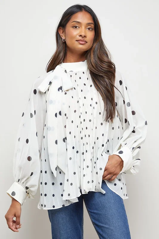 Polkadot Pleated Tie Neck Balloon Sleeve Blouse