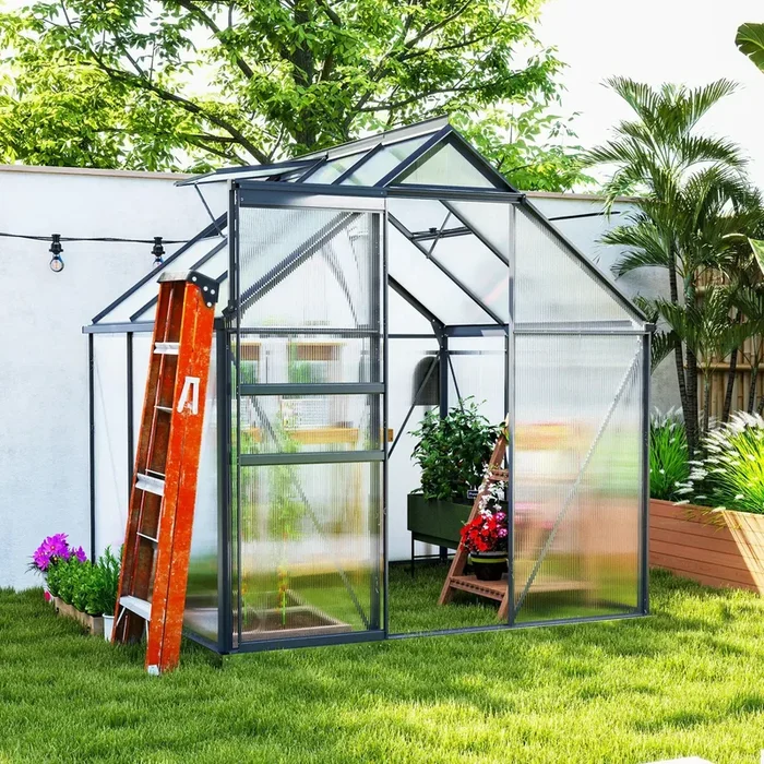 Polycarbonate Greenhouse – 190x190cm Square Walk-In | Grey Aluminium Frame with Sliding Door OUTSUNNY