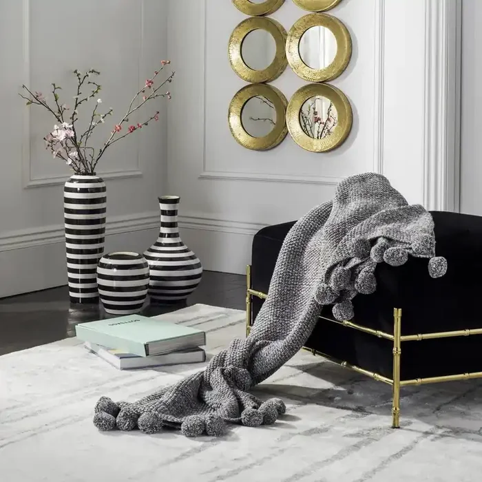 Pom Pom Knit Throw, Dark Grey/Natural