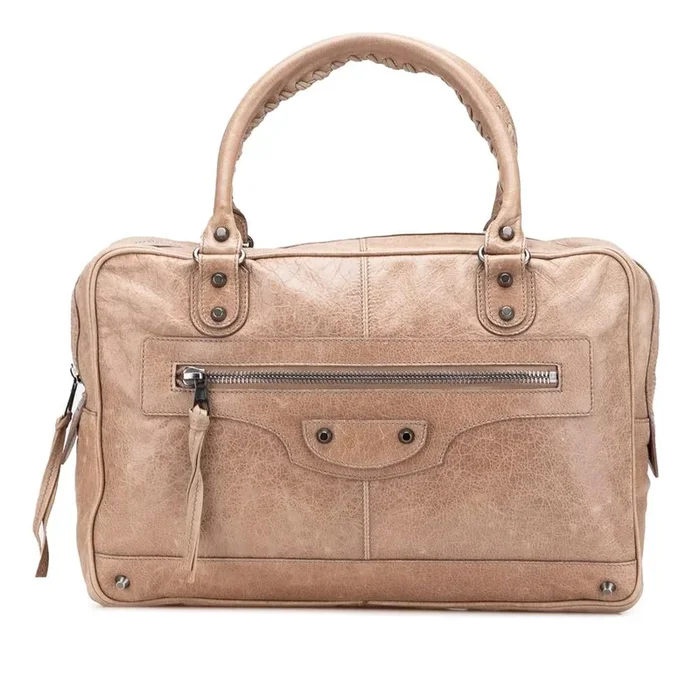 Preloved Structured Leather Top Handle Handbag with Zipper Pocket