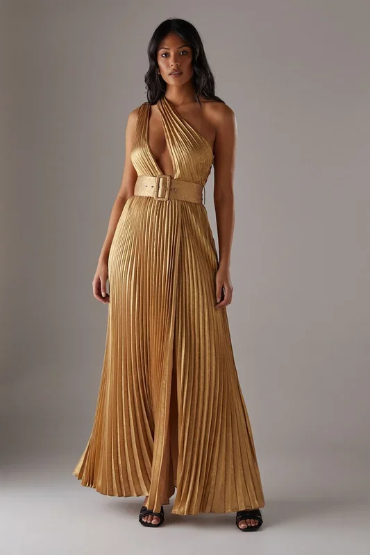 Premium One Shoulder Belted Pleated Maxi Dress