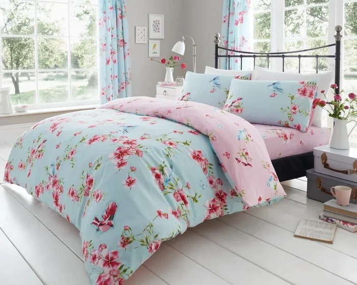 Printed Polycotton Birdie Blossom Duvet Cover With Pillowcases