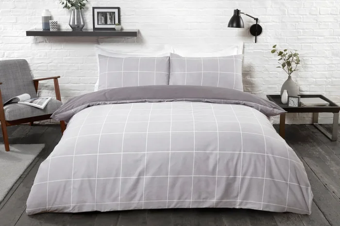 Printed Reversible Polycotton Grid Check Duvet Cover With Pillowcases