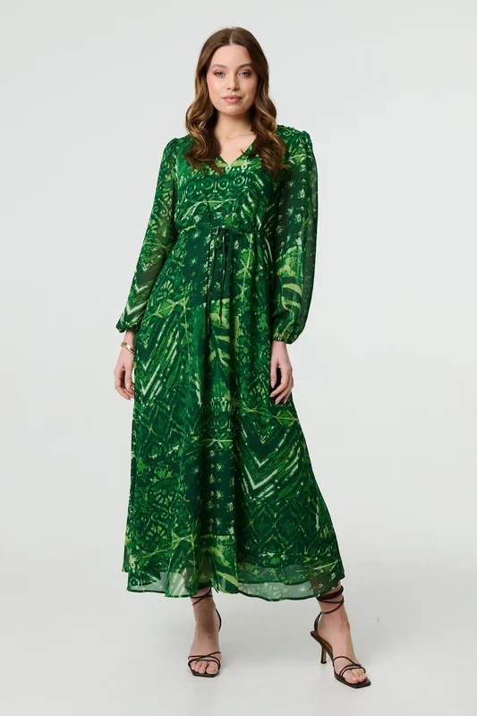 Printed Semi Sheer Empire Maxi Dress