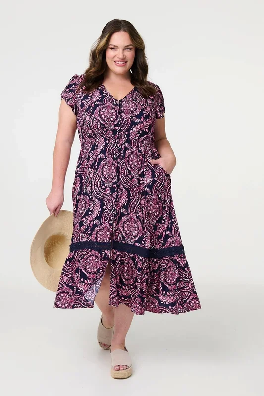 Printed Short Sleeve Lace Trim Midi Dress