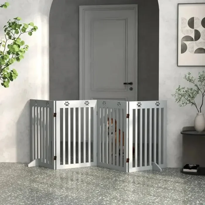 Puppy Gate – Grey | 4-Panel Pet Barrier with Hinges and Removable Feet PAWHUT