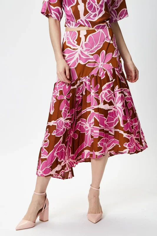 Purple Floral Midi Asymmetric Skirt with Pleat details
