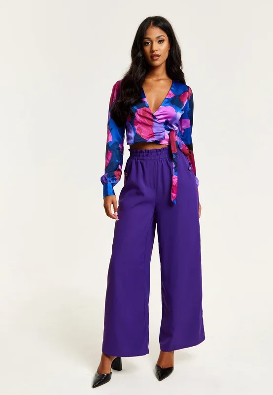 Purple Wide Leg Trousers With Elasticated Waist