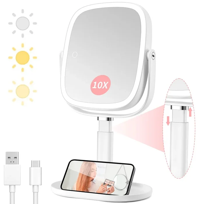 Rechargeable 10X Magnifying Makeup Mirror with Lights and Stand