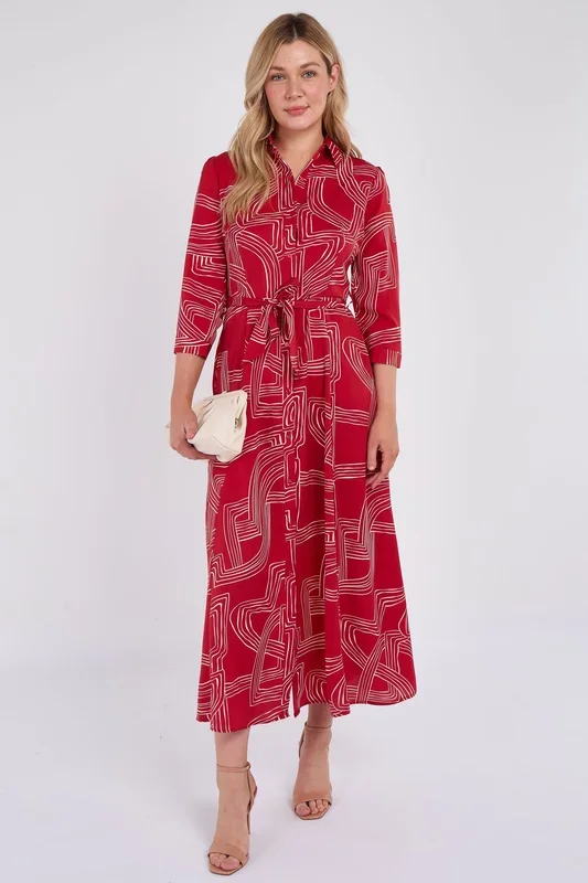 Red Geometric Print Maxi Shirt Dress