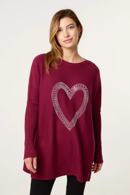 Red Heart Diamante Oversized Jumper