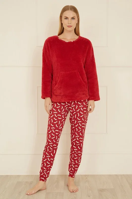 Red Pyjamas With Fleece Top And Dachshund Print Trousers