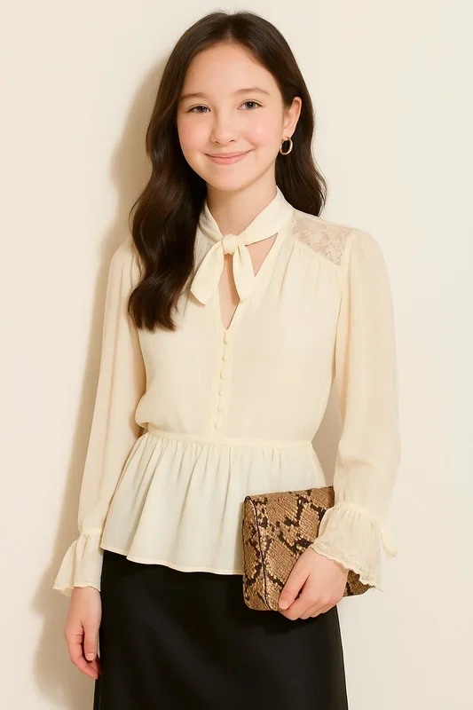 Relaxed Fit Lace Detail Tie Neck Blouse