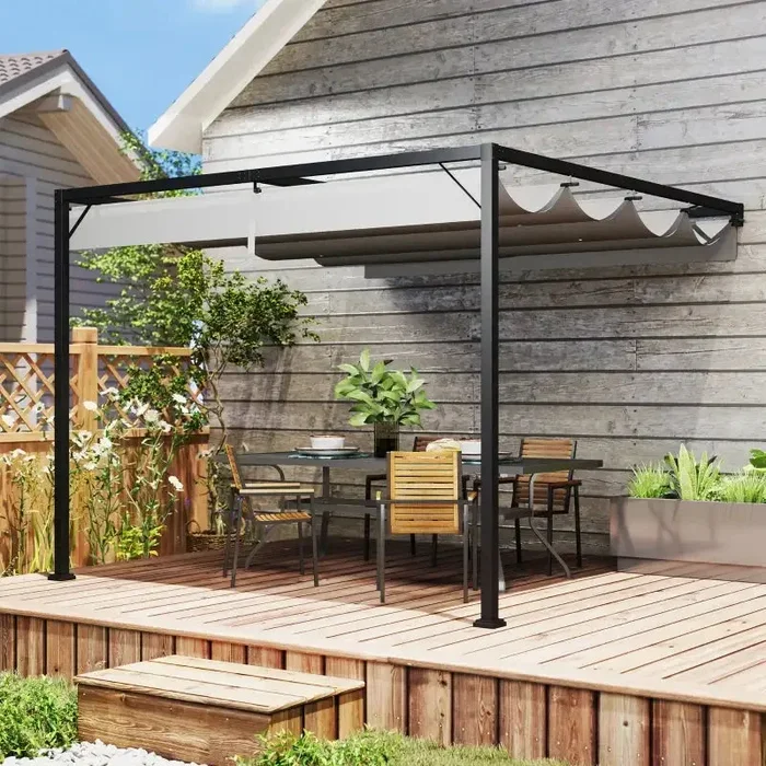 Retractable Wall-Mounted Pergola 3x3m – Grey | UV-Resistant Adjustable Canopy OUTSUNNY