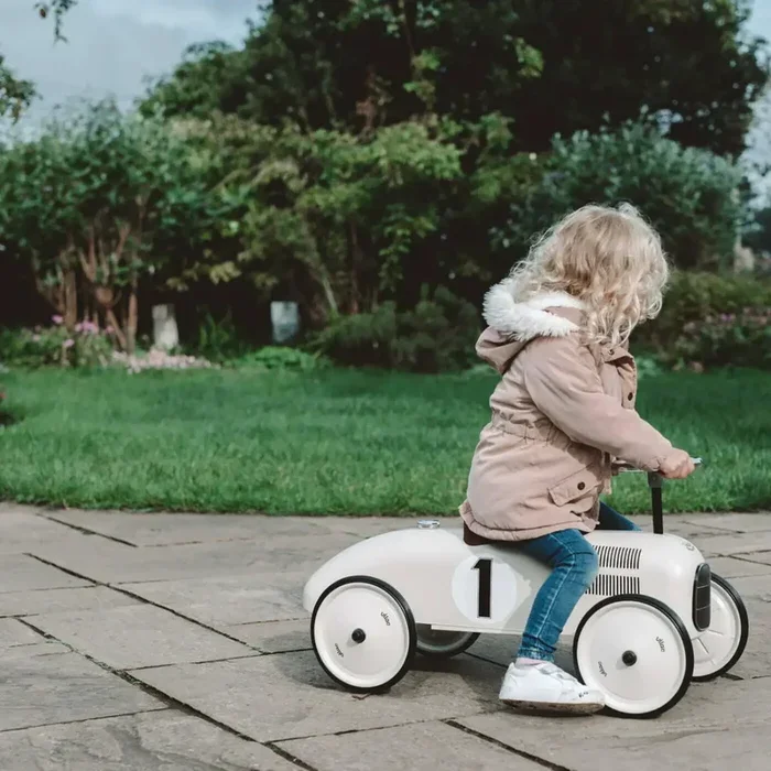 Retro Racing Ride-On Car – Off-White | Metal Classic Racer – Toddler Foot-to-Floor Toy VILAC