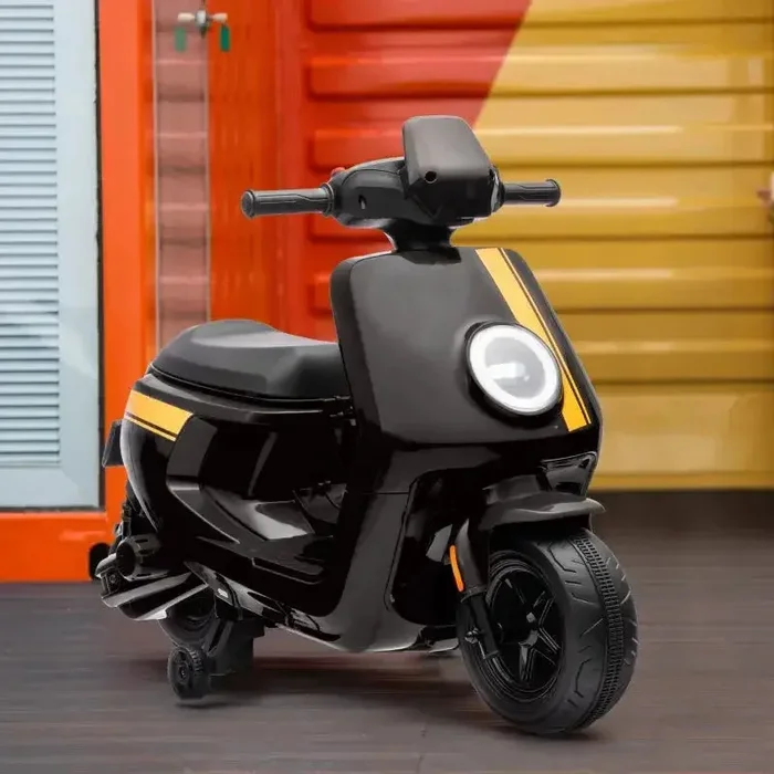 Ride On Kids Motorbike with Headlight, Music and Training Wheels in Black 6V