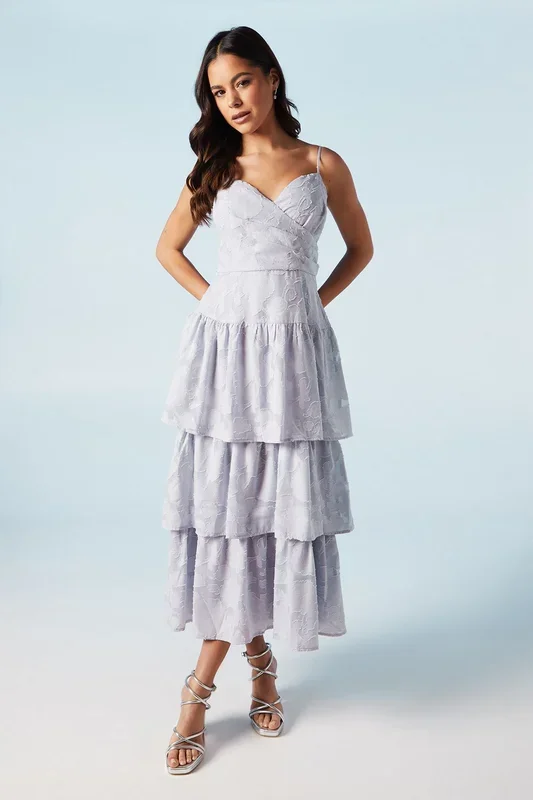 Rose Jacquard Cami Strappy Tiered Bridesmaid Midi Dress