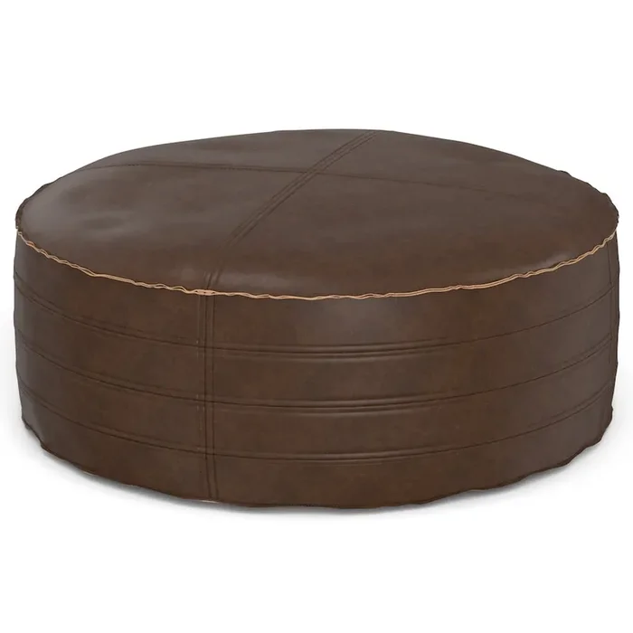 Round Coffee Table Pouf In Distressed Dark Brown Vegan Faux Leather