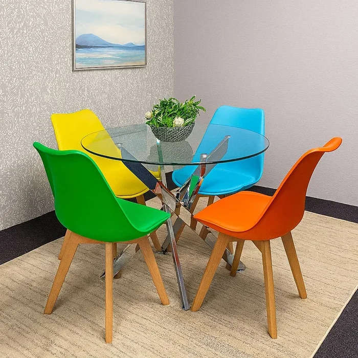 Round Glass Dining Table and 4 mix Colour leather Chairs