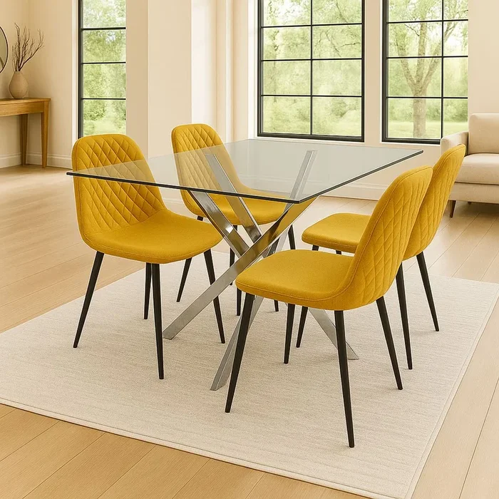 Round Glass Dining Table with 4 musturd Leather Chairs Dining Room Furniture