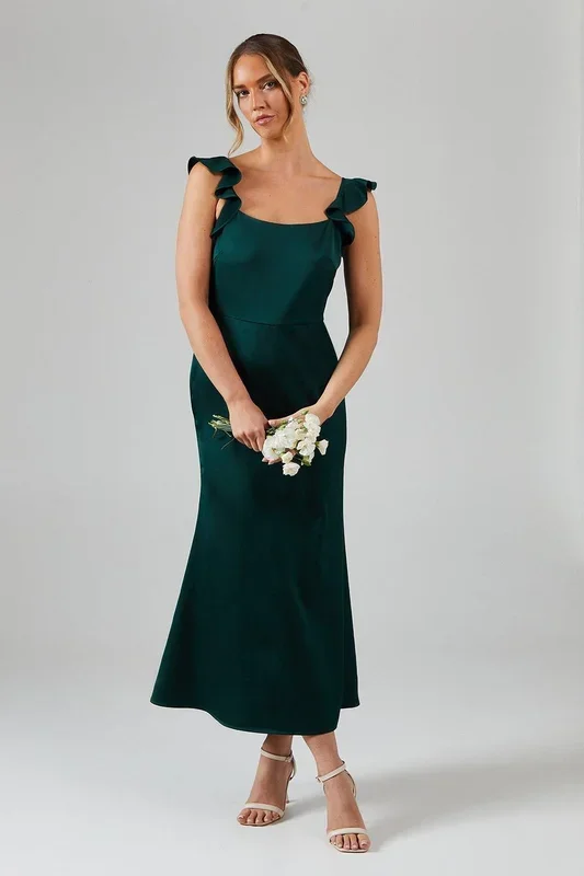 Ruffle Square Neck Satin Bridesmaid Midi Dress