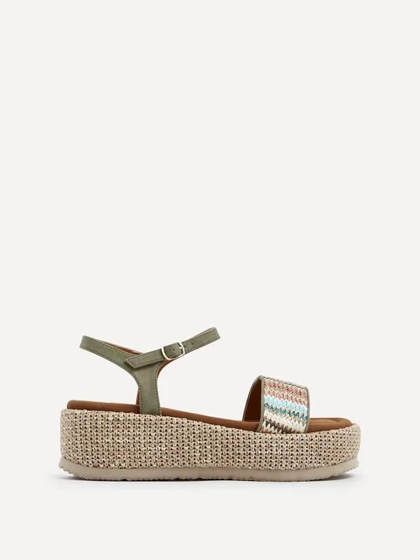 Sage Sage Green Faux Nubuck Multicoloured Front Strap Raffia Flatform Sanda