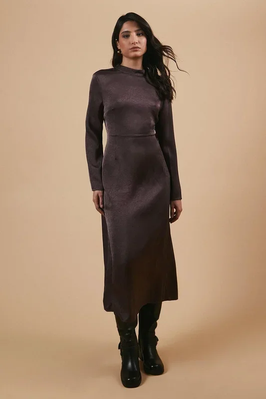 Satin High Neck Twist Back Midi Dress
