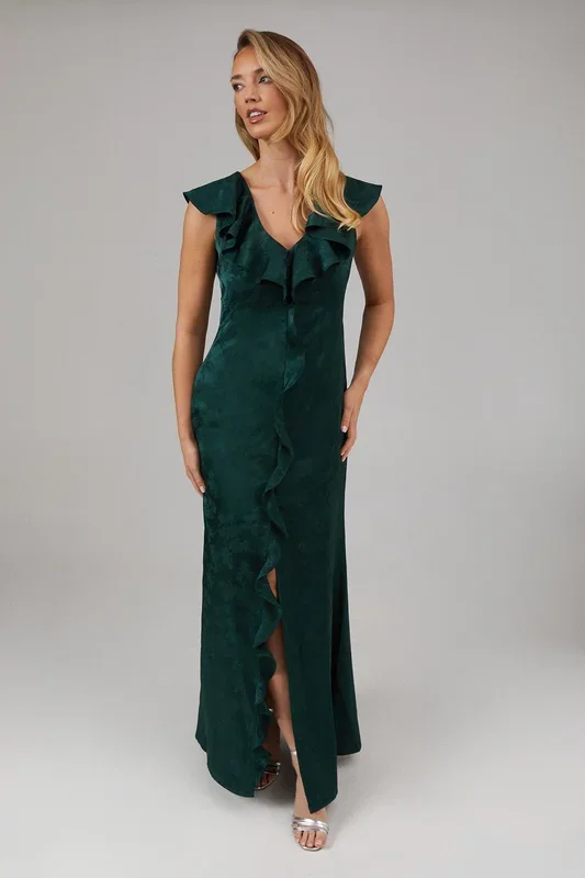 Satin Jacquard Ruffle V Neck Bridesmaid Dress