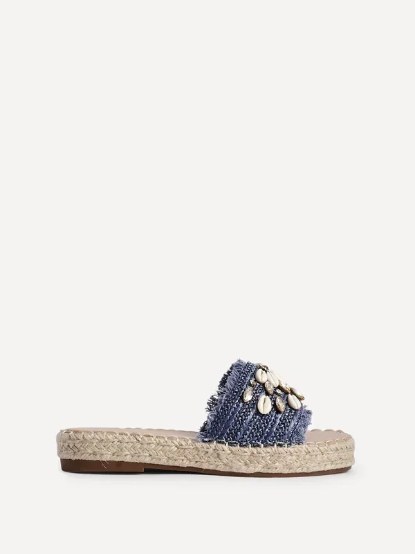 Seaside Blue Raffia Shell Embellished Flat Slider