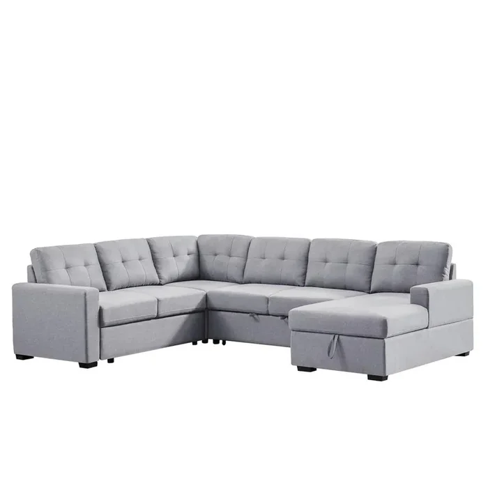 Selene Light Gray Linen Fabric Sleeper Sectional Sofa with Storage Chaise