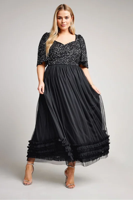 Sequin Sweetheart Ruffle Maxi Dress