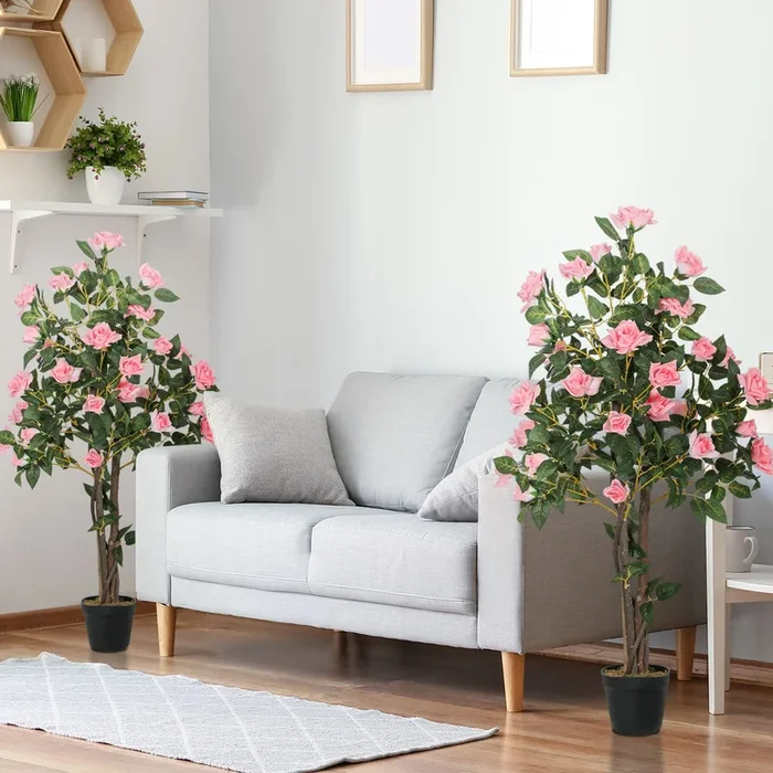 Set of 2 Decorative Artificial Plants Rose Trees in Pot, Pink