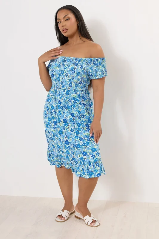 Shirred Bardot Midi Dress