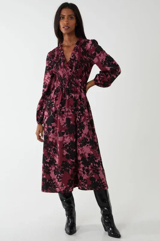Shirred Bust Wrap Midi Dress