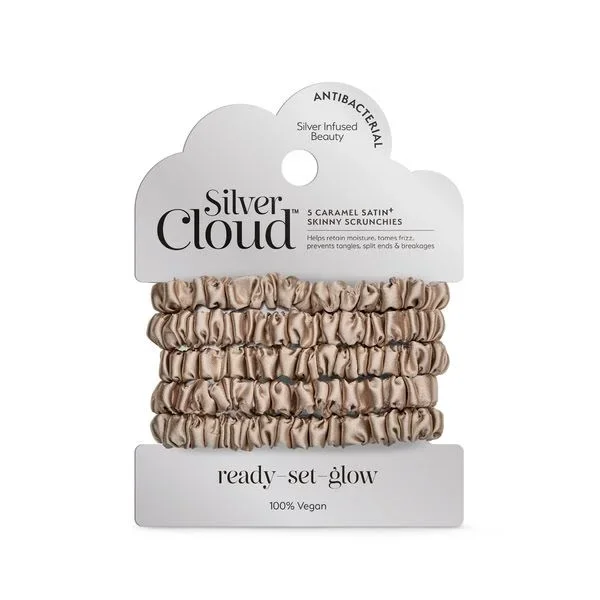 Silver Cloud Silver Ion Infused Satin Skinny Scrunchies Caramel 5 Pack