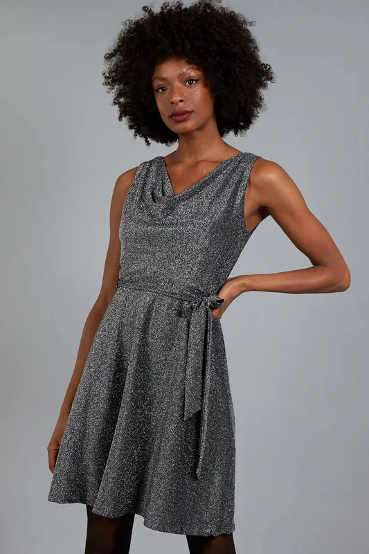 Silver Cowl Neck Sleeveless Fit & Flare Dress