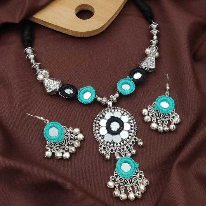Silver Oxidized Mirror Work Necklace Set with Blue Accents