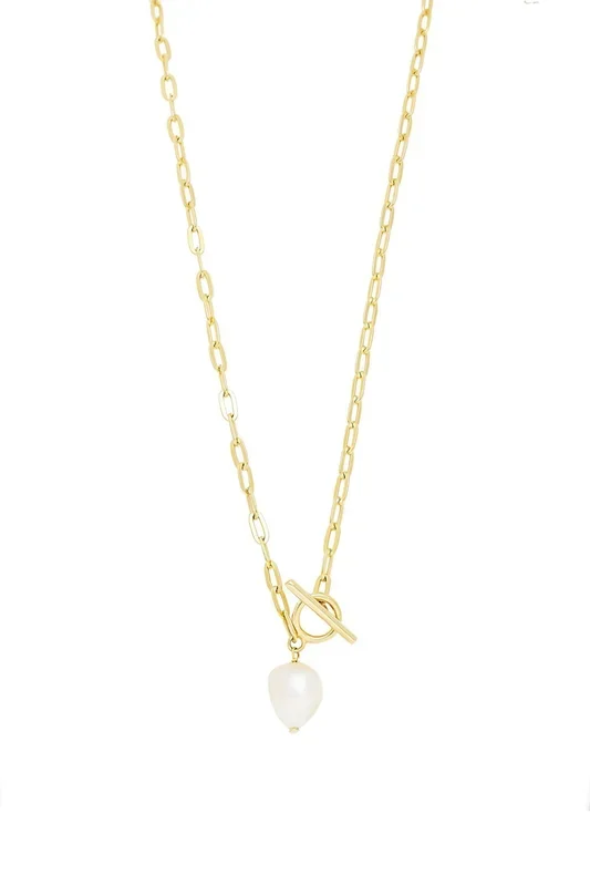 Simply Silver Gold Plated Sterling Silver 925 Baroque Pearl Chain T-Bar Necklace