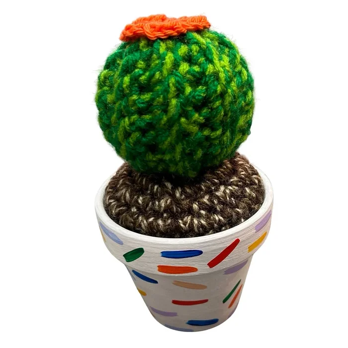 Small Orange Flower Round Crochet Cactus Confetti White Pot