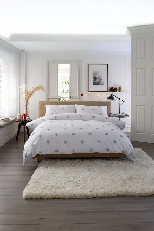 Snowflake Print Grey 100% Cotton Duvet Cover Set