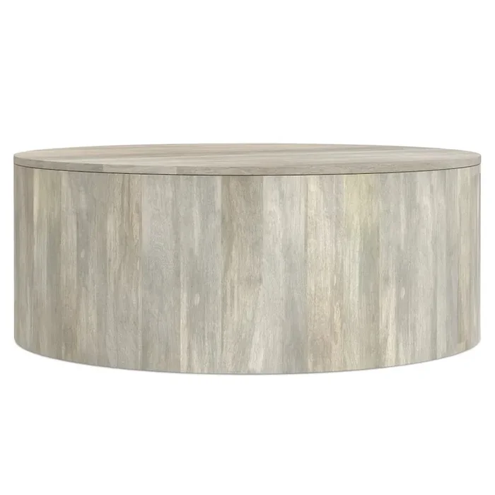 Solid Mango Wood 36 Inch Wide Round Contemporary Drum Coffee Table In White Wash