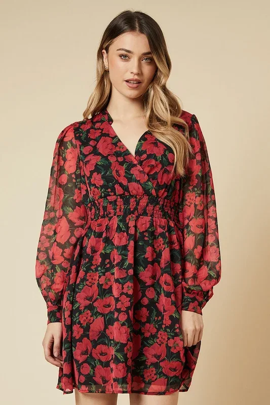 Spaced Floral Chiffon Shirred Waist Long Sleeve Mini Dress