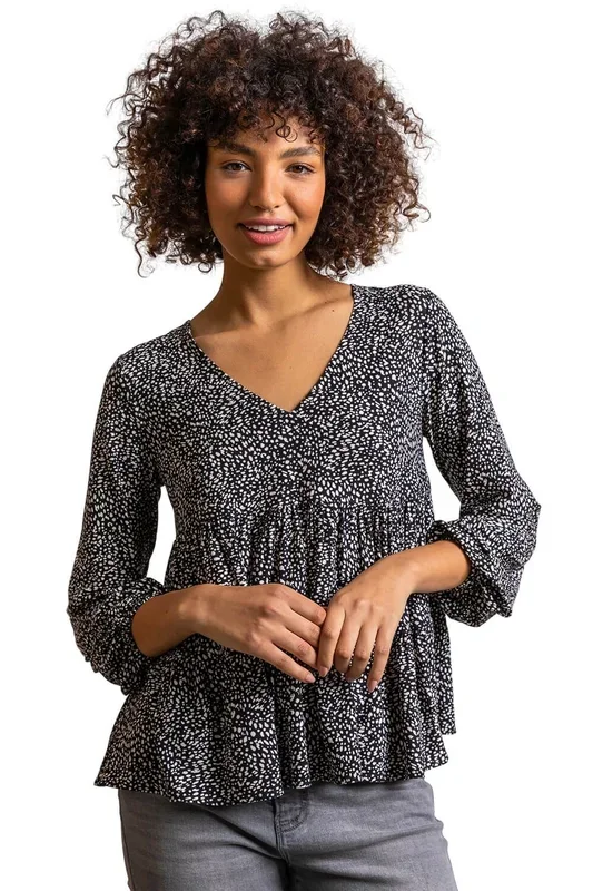 Spot Print V Neck Tiered Top
