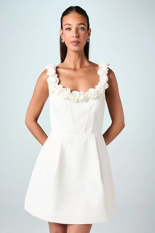 Square Neck 3D Flower Crepe Bridal Mini Dress