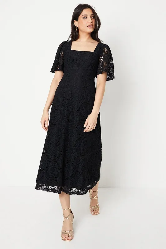 Square Neck Lace Midi Dress
