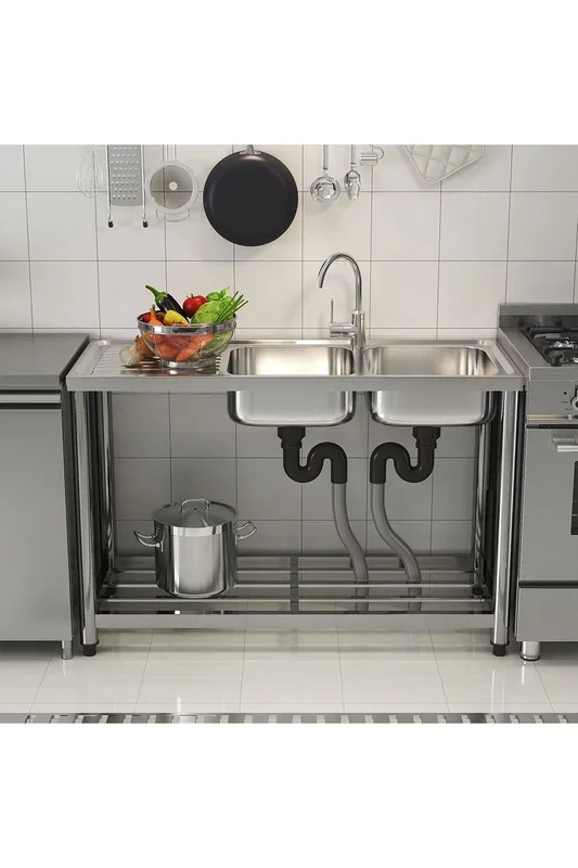 Stainless Steel 2 Compartments Kitchen Sink with Drainboard and Shelf