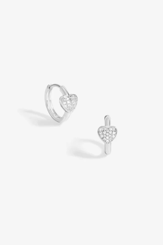 Sterling Silver 925 Pave Heart Huggie Hoop Earrings