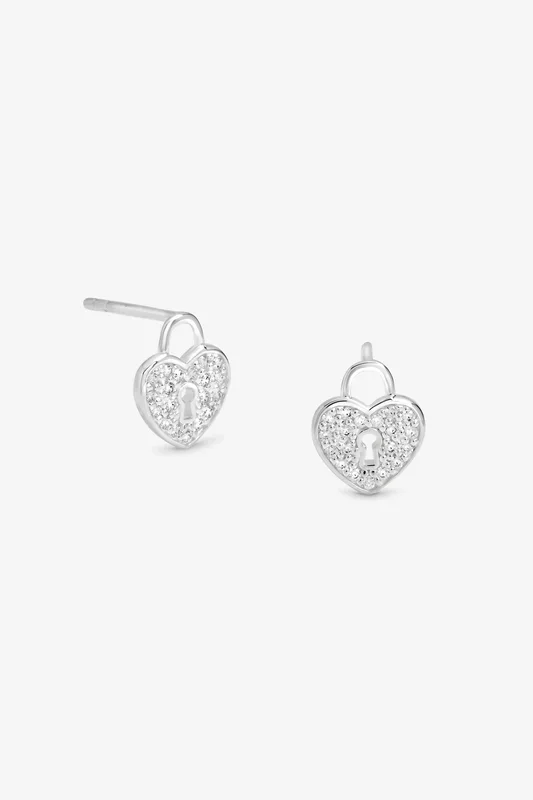 Sterling Silver 925 Pave Padlock Heart Stud Earrings