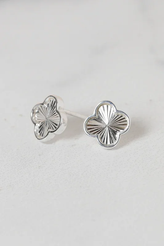 Sterling Silver 925 Polished Diamond Cut Clover Stud Earrings